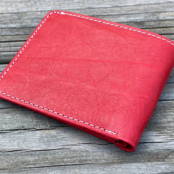 Genuine Leather Card Holder Handmade Wallet Men Bifold RedWhite Card Holder - Picture 2 of 14